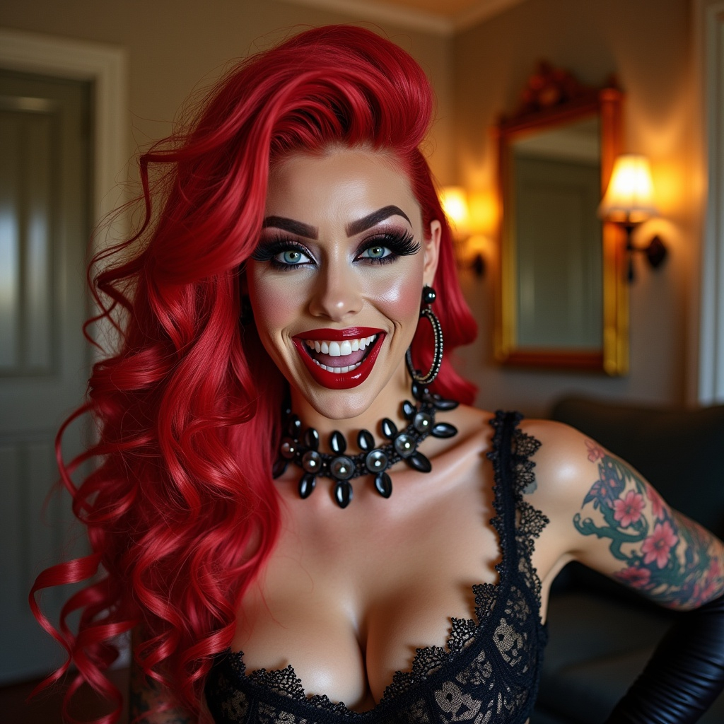 Lächelnde Drag Queen mit leuchtend rotem Haar und schwarzer Spitzenkleidung