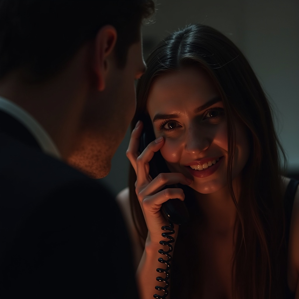 Lächelnde Frau am Telefon im gedämpften Licht, Mann im Hintergrund