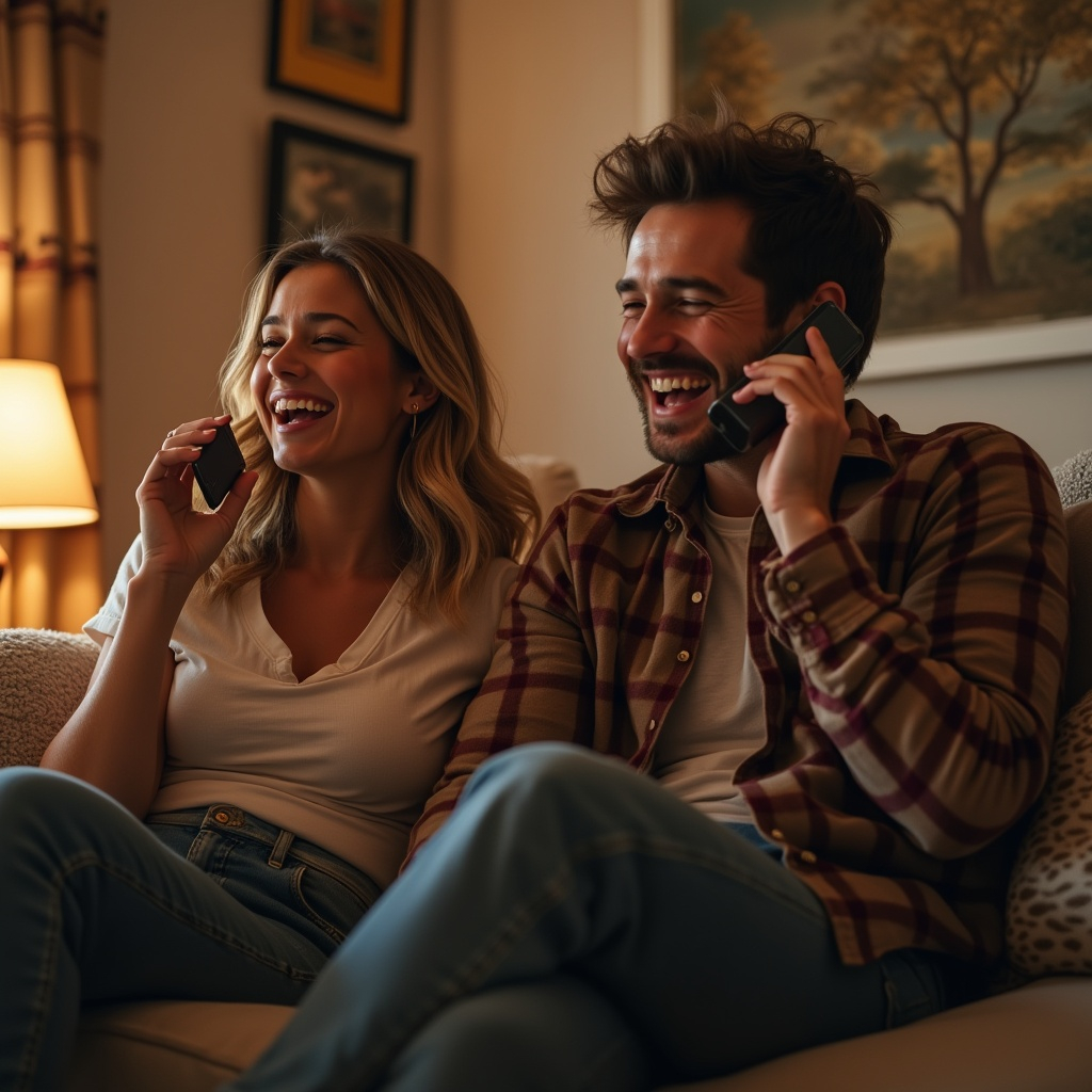 Zwei Menschen lachen zusammen am Telefon auf einem gemütlichen Sofa