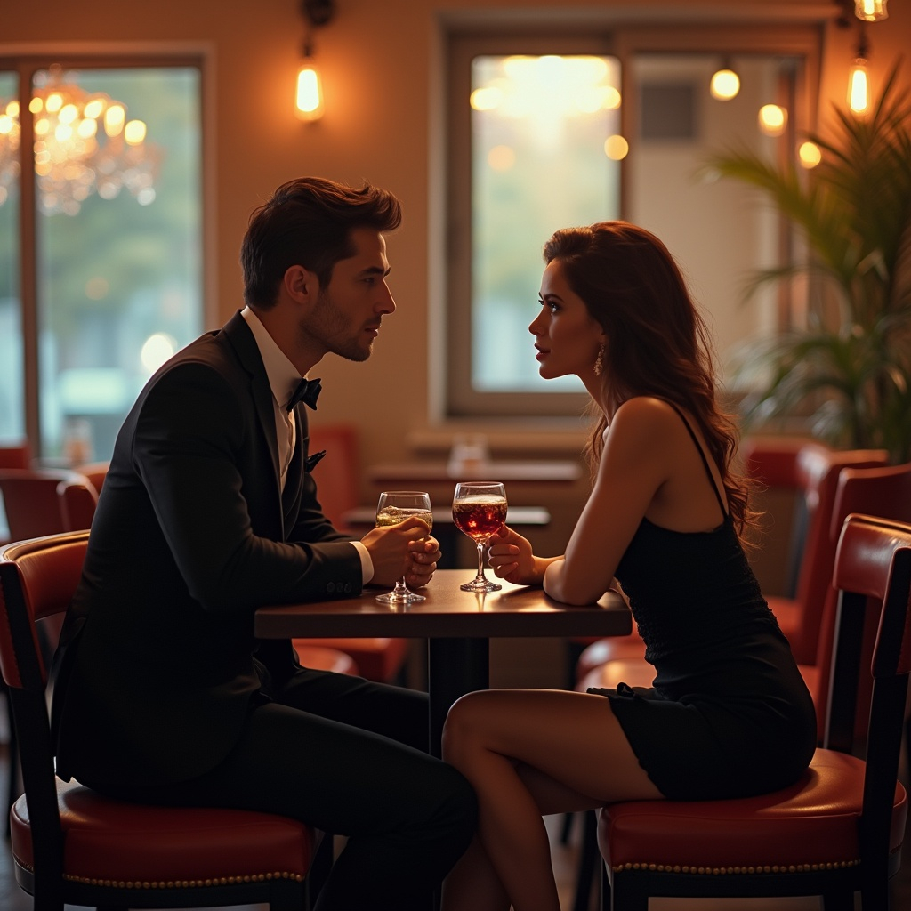 Elegantes Paar beim romantischen Date mit Weingläsern in gedämpftem Licht
