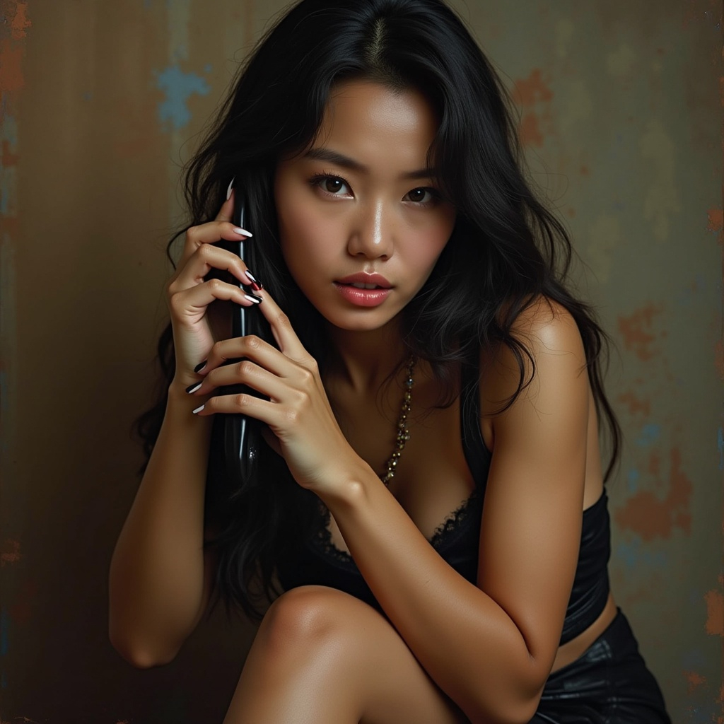 Transe im schwarzen Kleid, die ein Telefon vor verwitterter Wand hält